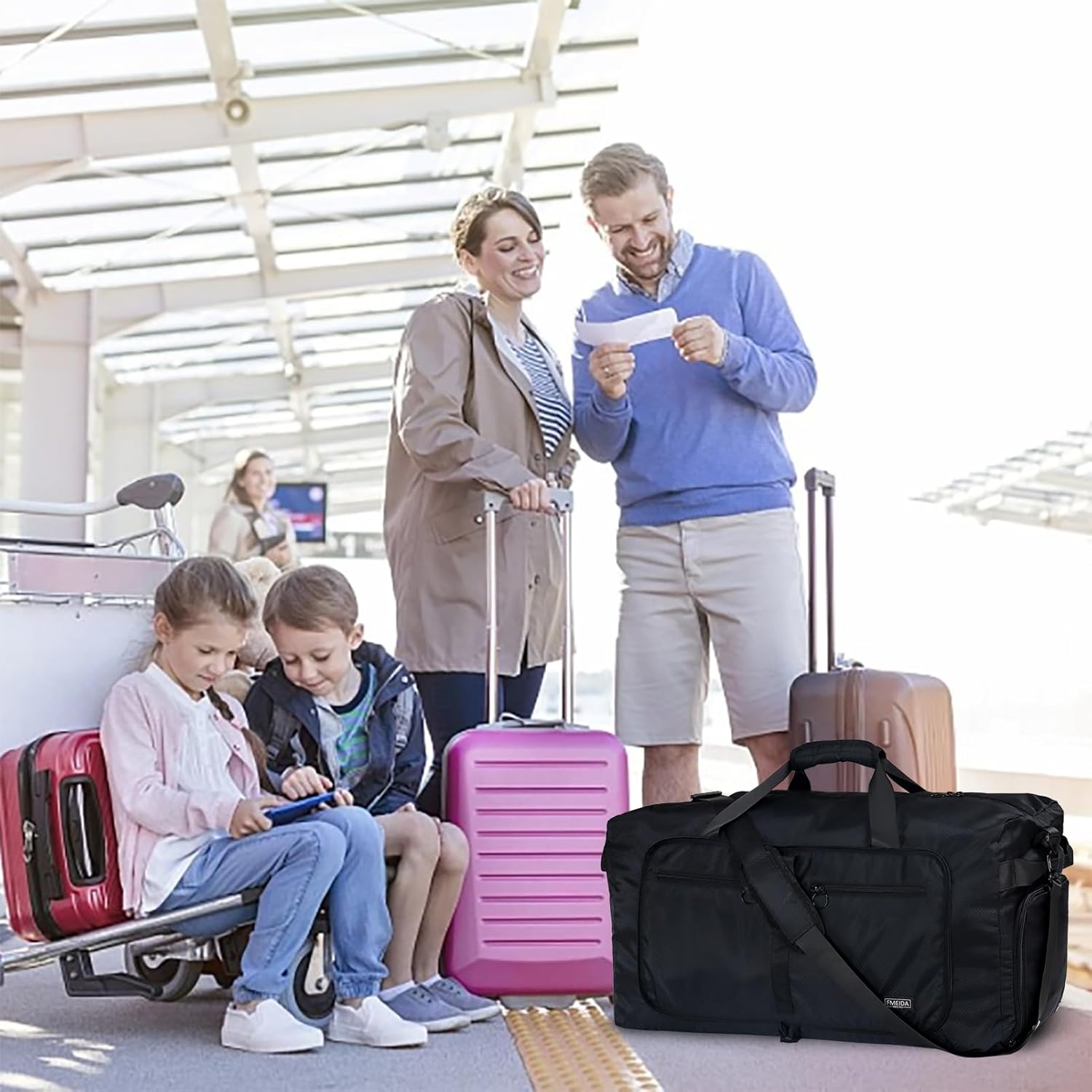 Fmeida 65L Duffle Bag with Shoes Compartment, Foldable Travel Duffel Bags for Men Women, Large Packable Travel Bag Water Repellent & Tear Resistant (Black) - Image 8